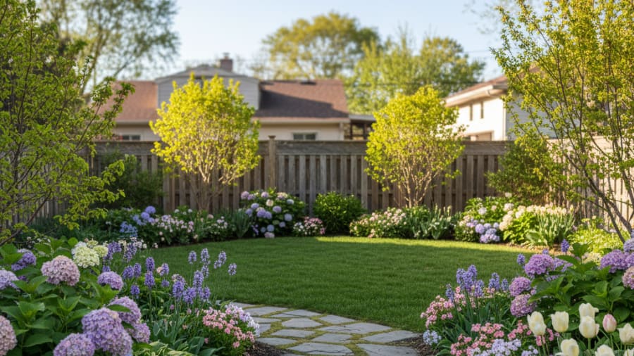 Green lawn with stone pathway, colorful flowers including purple hydrangeas and white tulips, young trees, and wooden fence in background.