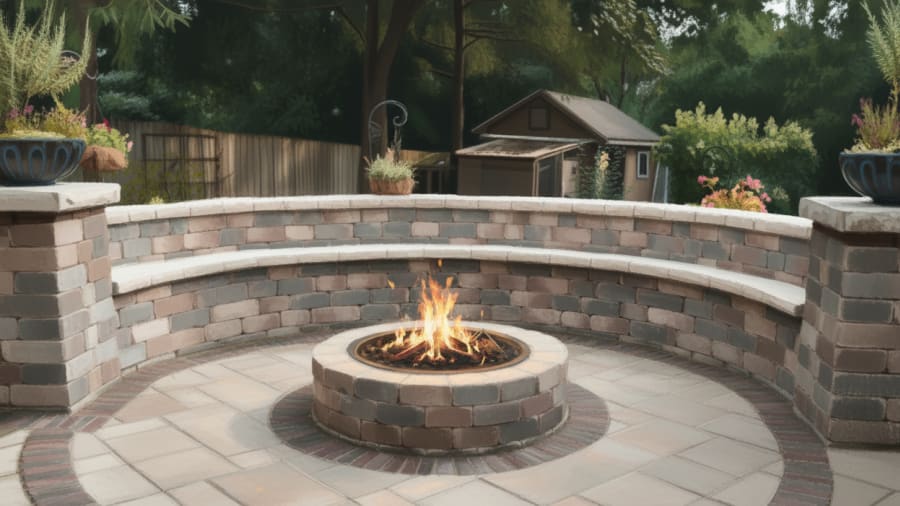 Curved stone fire pit with fire burning, surrounded by a curved stone bench on a stone patio with plants and trees in the background.