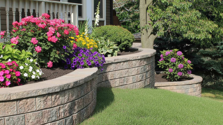 Curved stone retaining wall with colorful flowers and shrubs above it, green grass in front and trees in the background.