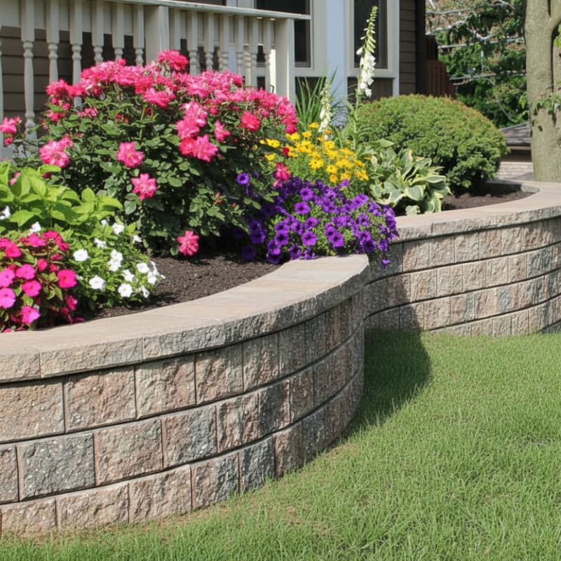 Curved retaining and seating walls made of concrete blocks with colorful flowers and green grass in a garden.
