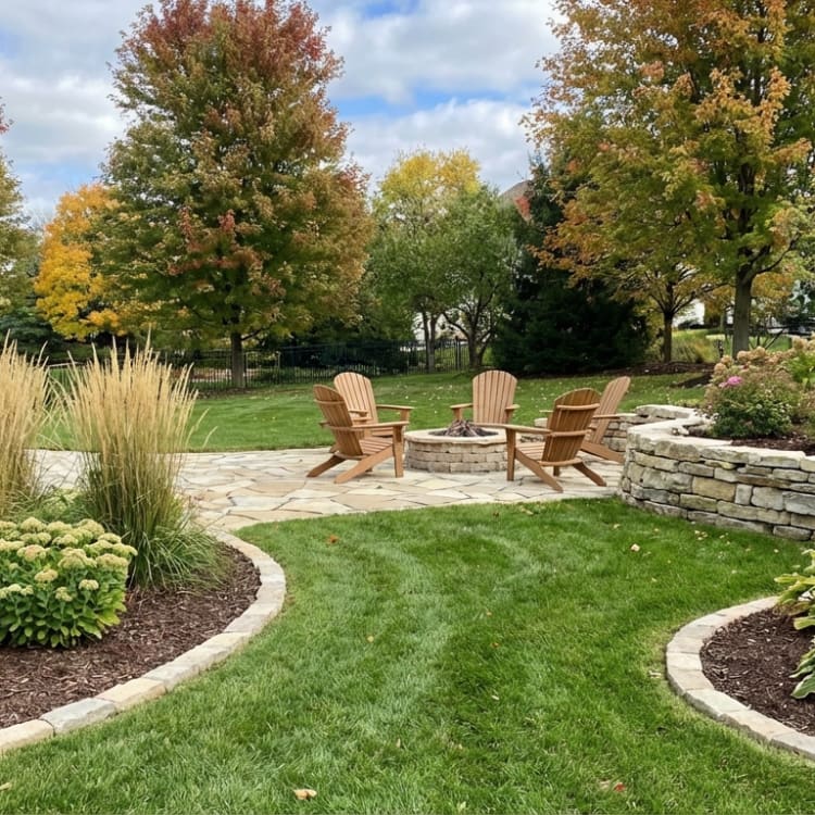 Four wooden Adirondack chairs surrounding a circular stone fire pit on a flagstone patio during autumn.