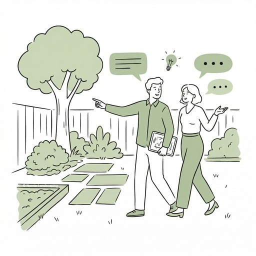Illustration of a landscape designer and homeowner discussing backyard design ideas during an initial on-site consultation.