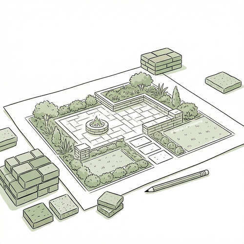 Illustration of a 3D landscape design blueprint showing a patio, fire pit, and planting layout, surrounded by hardscape paver samples and a pencil.