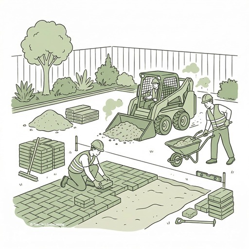 Illustration of a hardscaping construction crew building a backyard paver patio, featuring workers operating a skid steer, moving materials with a wheelbarrow, and laying stone.