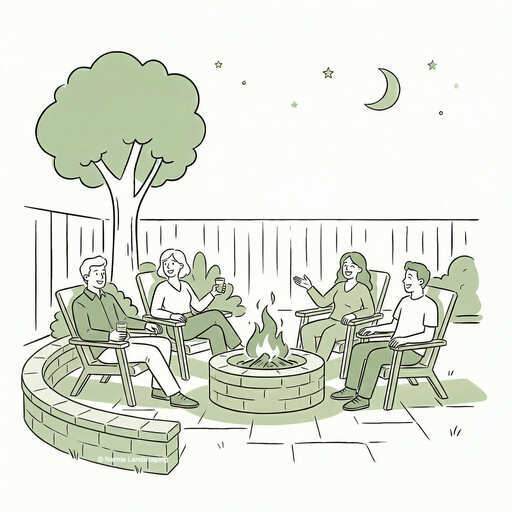 Illustration of friends relaxing around a custom stone fire pit on a finished paver patio at night, showcasing a completed backyard transformation.